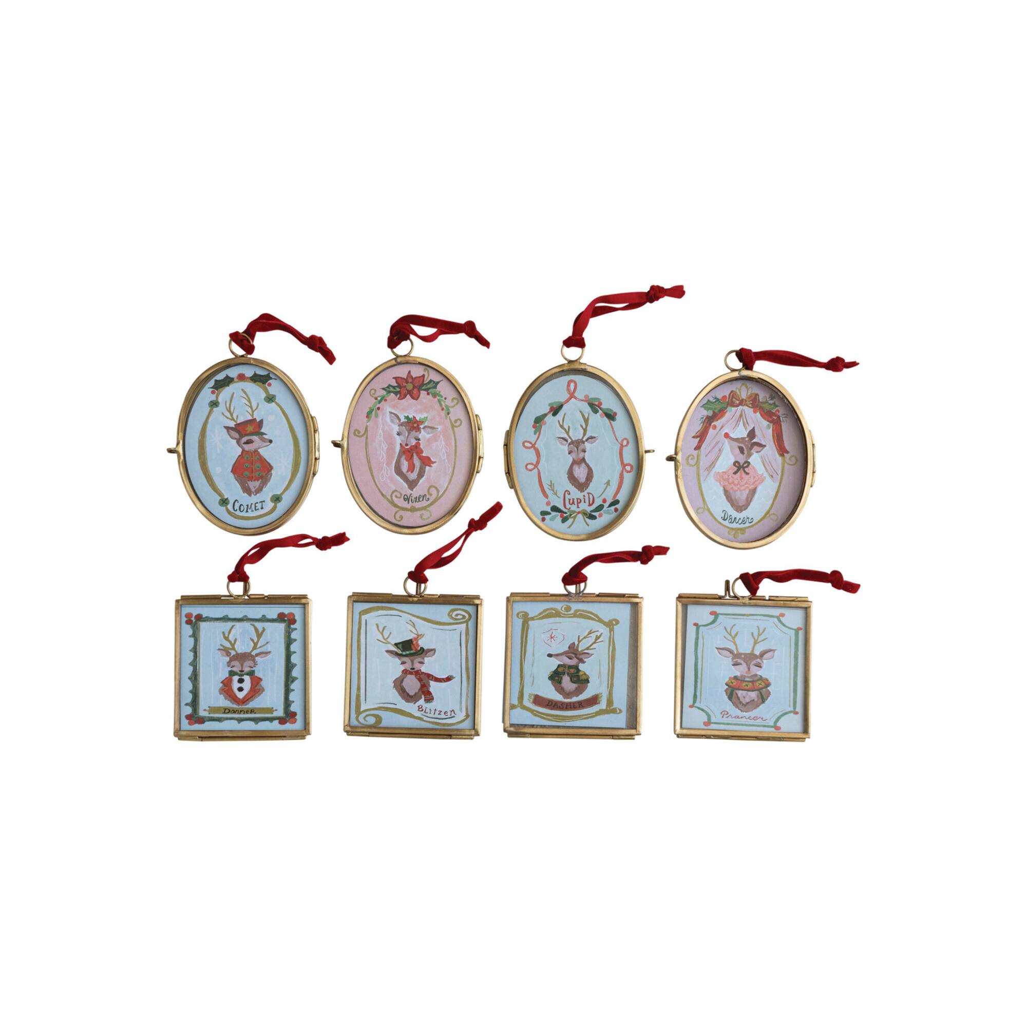 Hello Honey® 8 Pack 4.25" Santa's Reindeer Photo Frame Glass & Metal Ornaments